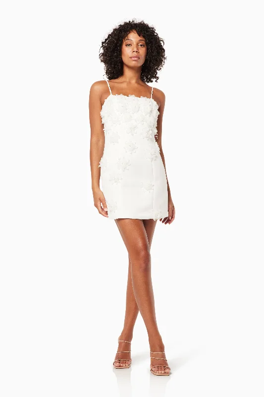 Sutton 3D Floral Mini Dress in White Cozy Wraparound Mini Dress