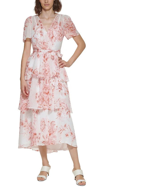 Petites Womens Floral Short Sleeve Midi Dress Tunics Short Trendy