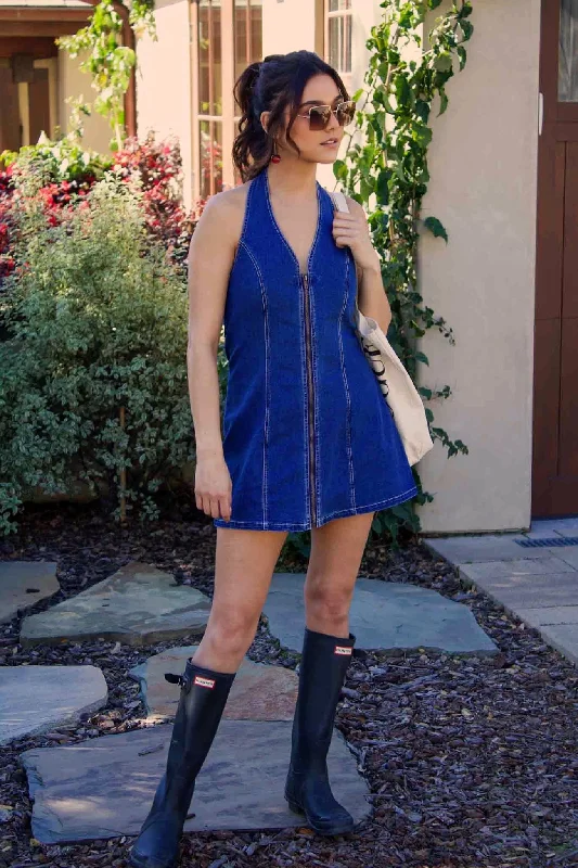 Sunset Swing Front Zip Halter Neck Denim Mini Dress - Dark Wash Comfortable Fit-and-Flare Mini Dress Sunset Swing Front Zip Halter Neck Denim Mini Dress - Dark Wash Comfortable Fit-and-Flare Mini Dress