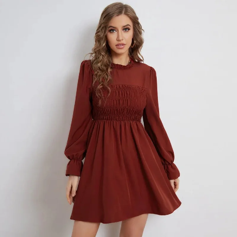 Pleated Long-Sleeved Ruffled Neck Mini Dress Burgundy Stylish Summer Mini Dress