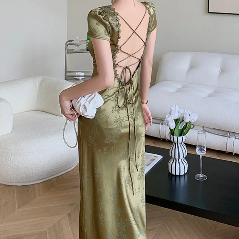 Zjkrl - Elegant Women Green Satin Backless Evening Dress Ladies Lace Bandage Vintage Jacquard Mixi Dresses Party Vestidos Summer Robe Tunics Fashionable chic Zjkrl - Elegant Women Green Satin Backless Evening Dress Ladies Lace Bandage Vintage Jacquard Mixi Dresses Party Vestidos Summer Robe Tunics Fashionable chic