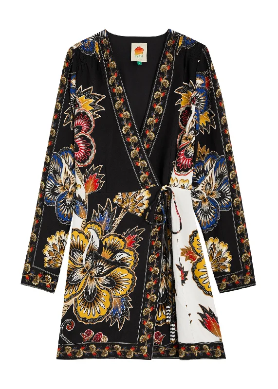 Farm Rio Women's Wrap Mini Dress, Maxi Floral Black Tunics Luxurious high-end