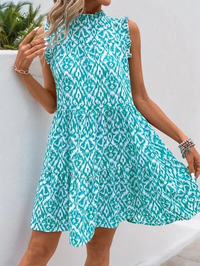 Printed Frill Sleeveless Mini Dress Elegant Lace-Up Mini Dress