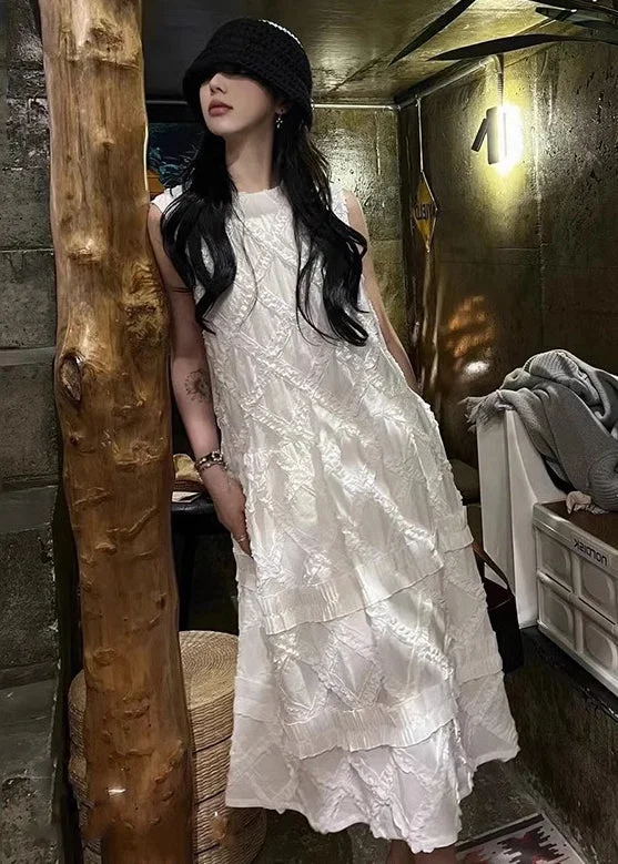 Elegant White Ruffled Solid Cotton Long Dress Sleeveless KK029 Tunics Satin smooth