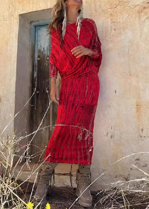 Loose Red Print High Waist Cotton Dresses Batwing Sleeve BB041 Tunics Chic fashionable