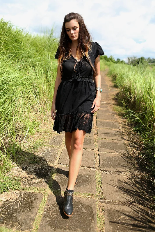 Willow Mini Dress - Moonless Black Fashionable Lace-Trim Mini Dress