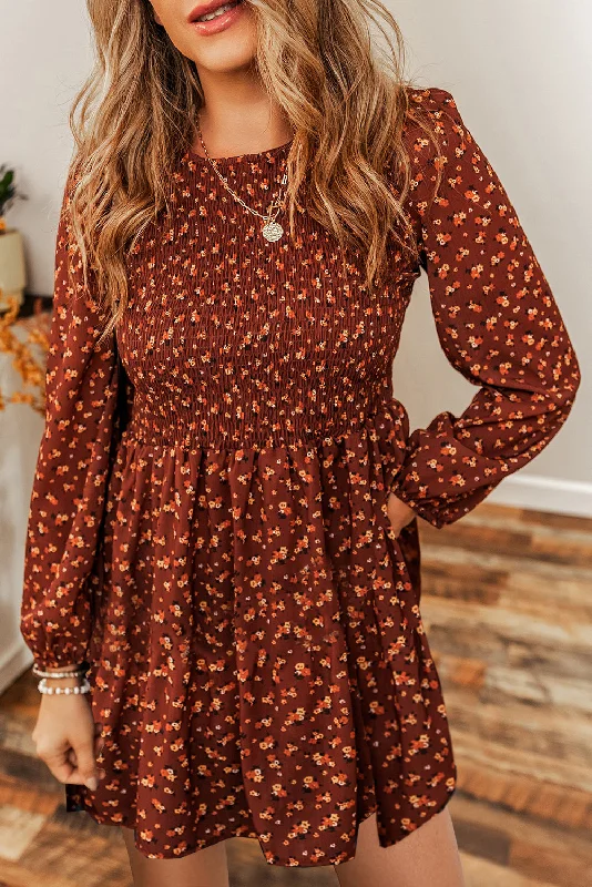 Brown Ditsy Floral Smocked Puff Sleeve Mini Dress Fashionable Summer Mini Dress