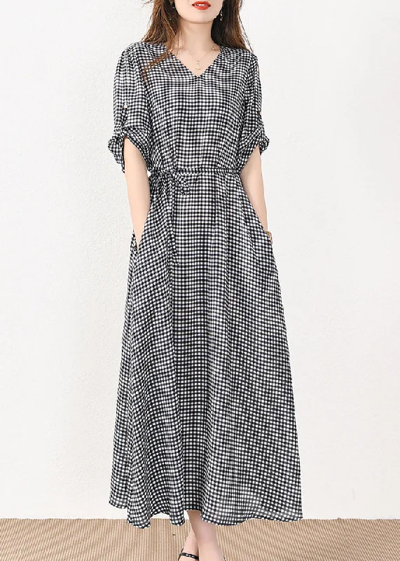 French Plaid Pockets Tie Waist Silk Cotton Long Dresses Half Sleeve MN057 Tunics Review highly