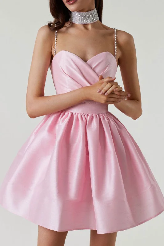 Silky Sweetheart Spaghetti Strap Pleated Satin Skater Mini Dress - Pink Tunics Chic fashionable Silky Sweetheart Spaghetti Strap Pleated Satin Skater Mini Dress - Pink Tunics Chic fashionable