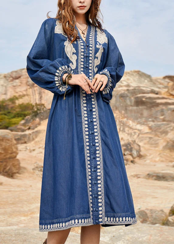 Women Navy V Neck Embroidered Patchwork Denim Maxi Dresses Spring NN022 Tunics Designer luxury