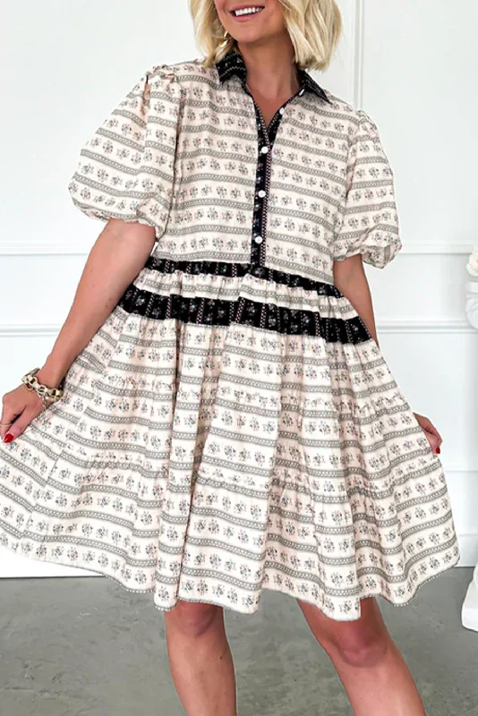 Black Boho Striped Floral Bubble Sleeve Mini Dress Cozy Cotton Mini Dress
