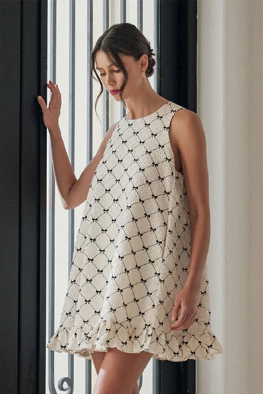 White Bow Sleeveless Ruffle Hem Mini Dress Trendy Button-Detail Mini Dress