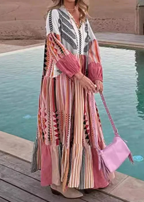 Bohemian Colorblock Lace Up Print Cotton Maxi Dress Long Sleeve BB055 Tunics Fashionable trendy Bohemian Colorblock Lace Up Print Cotton Maxi Dress Long Sleeve BB055 Tunics Fashionable trendy