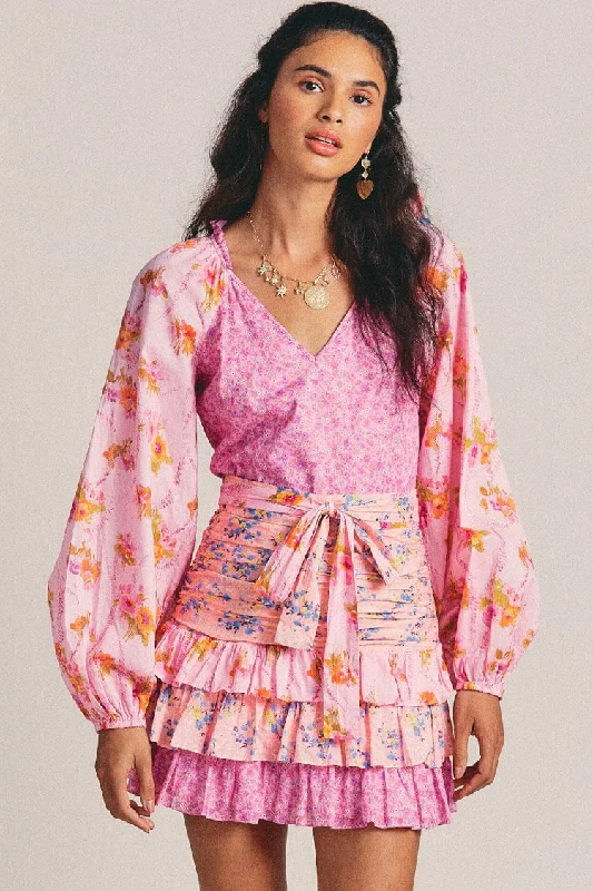 Long Sleeve Tiered Ruffle Floral Printed Mini Dress - Pink Tunics Fall fleece