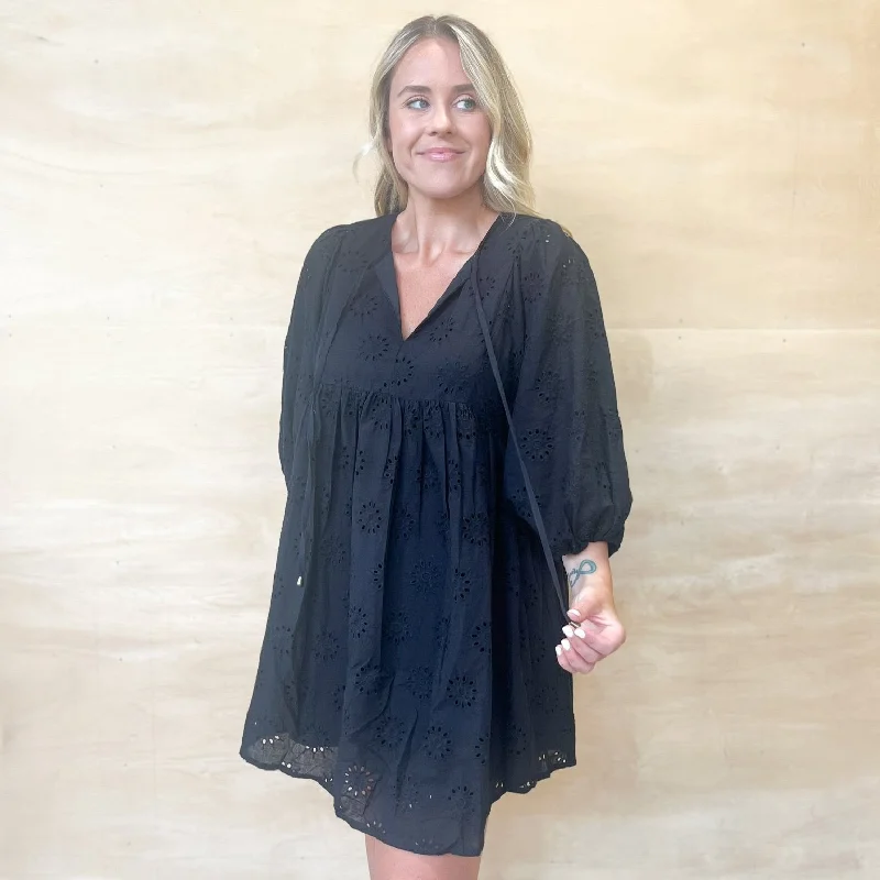 Black Midnight Mini Dress - Eyelet Fashionable Mini Dress with Frills