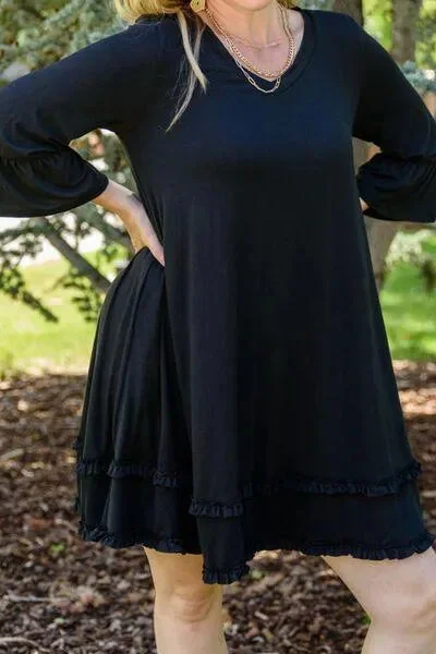Plus Size Fashion: Frill Trim Flounce Sleeve Mini Dress Comfortable Ruffle Mini Dress Plus Size Fashion: Frill Trim Flounce Sleeve Mini Dress Comfortable Ruffle Mini Dress