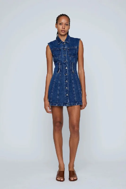 ZIPPER DENIM MINI DRESS-INDIGO Cozy Long Sleeve Mini Dress