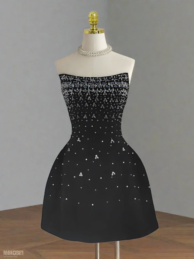 Designer Diamond Spliced Party Mini Dresses For Women Slash Neck Sleeveless High Waist Black Female Dress Fashionable Mini Dress with Slits Designer Diamond Spliced Party Mini Dresses For Women Slash Neck Sleeveless High Waist Black Female Dress Fashionable Mini Dress with Slits
