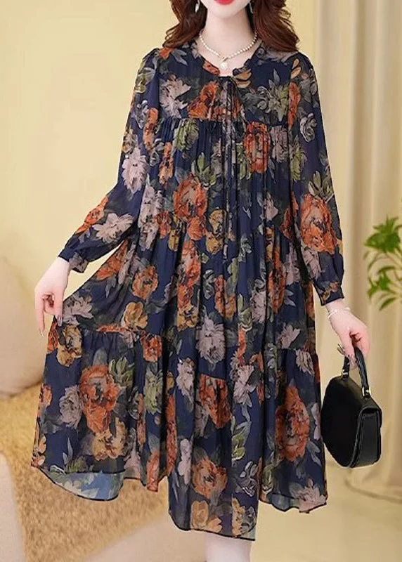 New Navy Print Wrinkled Cotton Long Dresses Long Sleeve MN073 Shift Classic Vintage