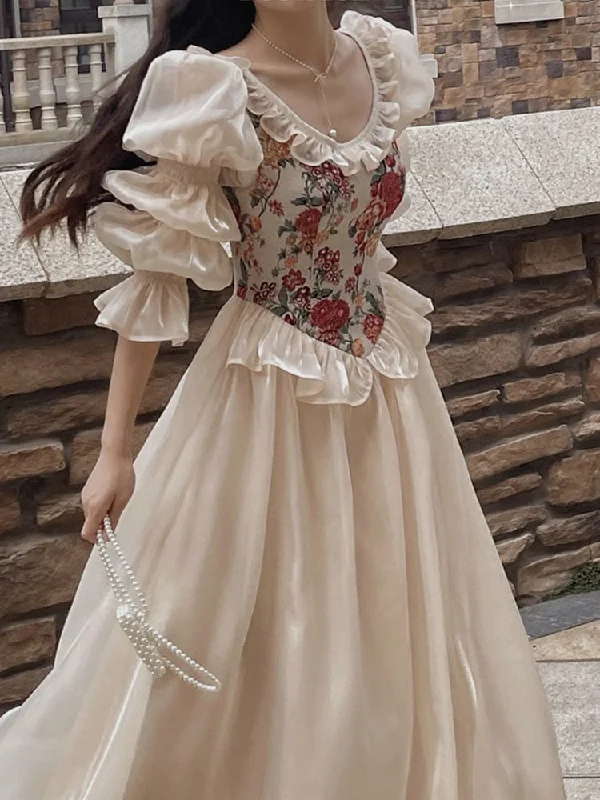 Zjkrl French Vintage Print Floral Dress Women O-neck Elegant Evening Party Midi Dress Female Puff Sleeve Korea Fairy Dress Autumn Boat Neckline Classic Zjkrl French Vintage Print Floral Dress Women O-neck Elegant Evening Party Midi Dress Female Puff Sleeve Korea Fairy Dress Autumn Boat Neckline Classic