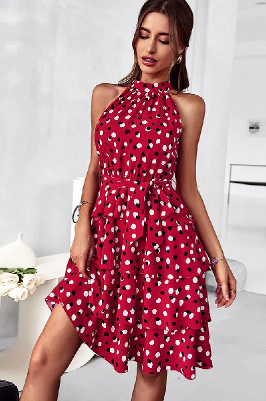 Red Sleeveless Print Swing Short Mini Dress Elegant Satin Lace Mini Dress