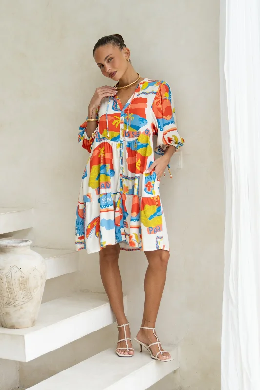 Mirabel Multicolour Abstract Button Down Mini Dress Fashionable Mini Dress with Frills Mirabel Multicolour Abstract Button Down Mini Dress Fashionable Mini Dress with Frills