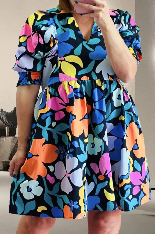 Plus Size Printed Floral V-Neck Short Sleeve Mini Dress Multicolor Trendy Off-Shoulder Dress Mini Plus Size Printed Floral V-Neck Short Sleeve Mini Dress Multicolor Trendy Off-Shoulder Dress Mini