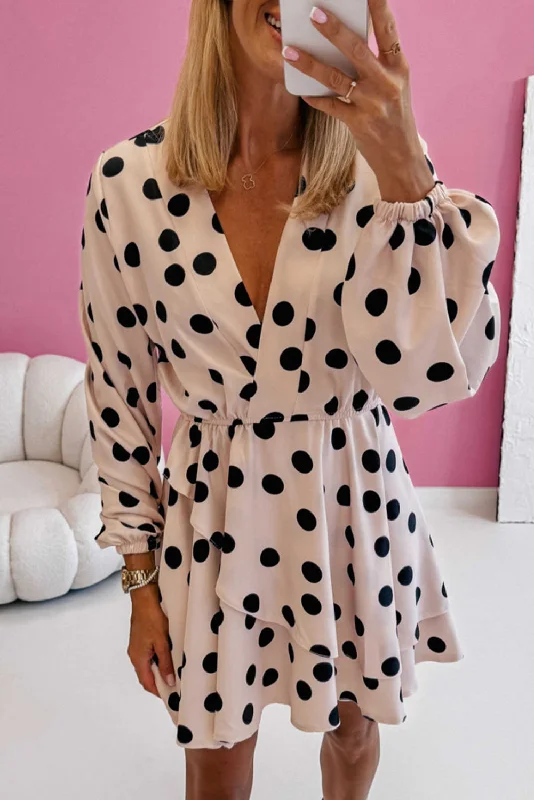 Beige Polka Dot Print Surplice V Neck Puff Sleeve Mini Dress Stylish Ruffle Mini Dress Beige Polka Dot Print Surplice V Neck Puff Sleeve Mini Dress Stylish Ruffle Mini Dress