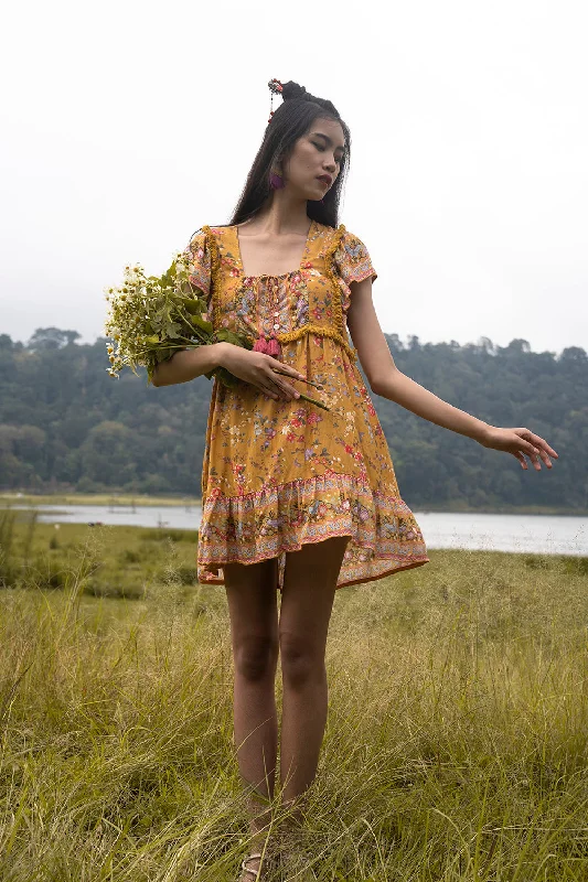 Tian Mini Dress - Chinese Gold Elegant Lace-Up Mini Dress