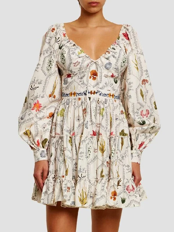 Long-Puff-Sleeve Printed Mini Dress with Adjustable V-Neck Drawstring Elegant Velvet Mini Dress