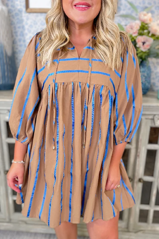Khaki Stripe Tie Neck Plus Size Mini Dress Comfortable Boho Mini Dress