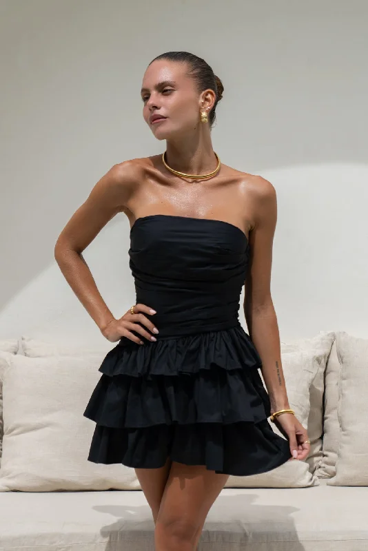 Cadence Black Ruffle Mini Dress Stylish Sweetheart Neck Mini Dress