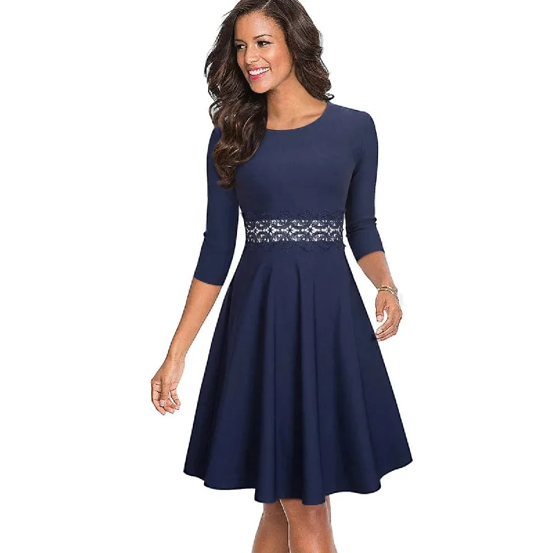 Round Neck Three-Quarter Sleeves Lace Stitching A-Line Mini Dress Trendy Button-Detail Mini Dress Round Neck Three-Quarter Sleeves Lace Stitching A-Line Mini Dress Trendy Button-Detail Mini Dress