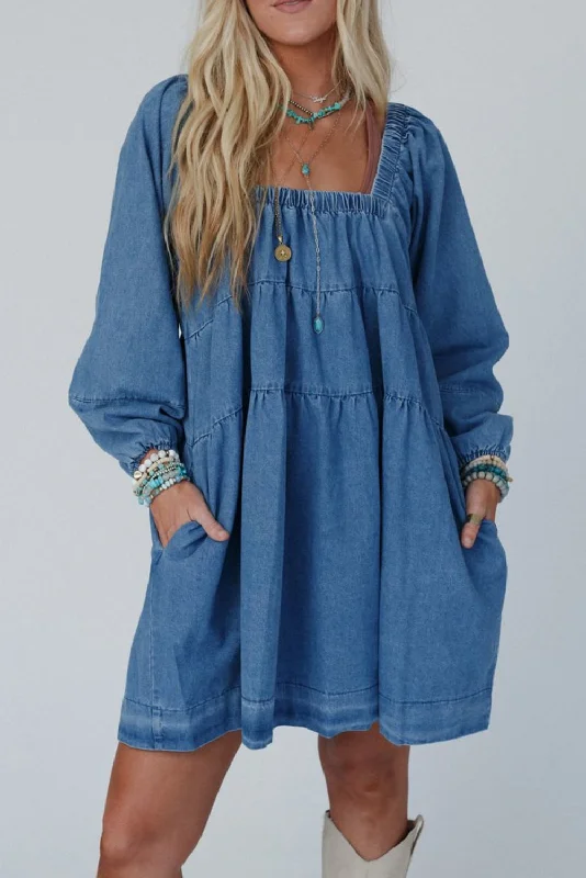 Dusk Blue Side Pockets Loose Fit Denim Mini Dress Stylish Plaid Mini Dress