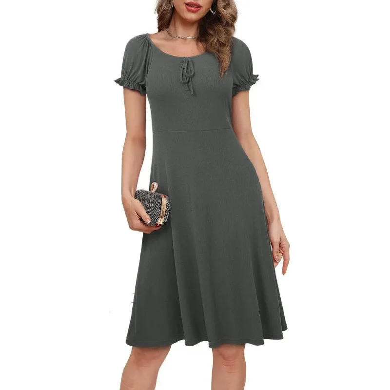 Round Neck Puff Sleeve Tie Front Solid Color Mini Dress Cozy Ribbed Mini Dress