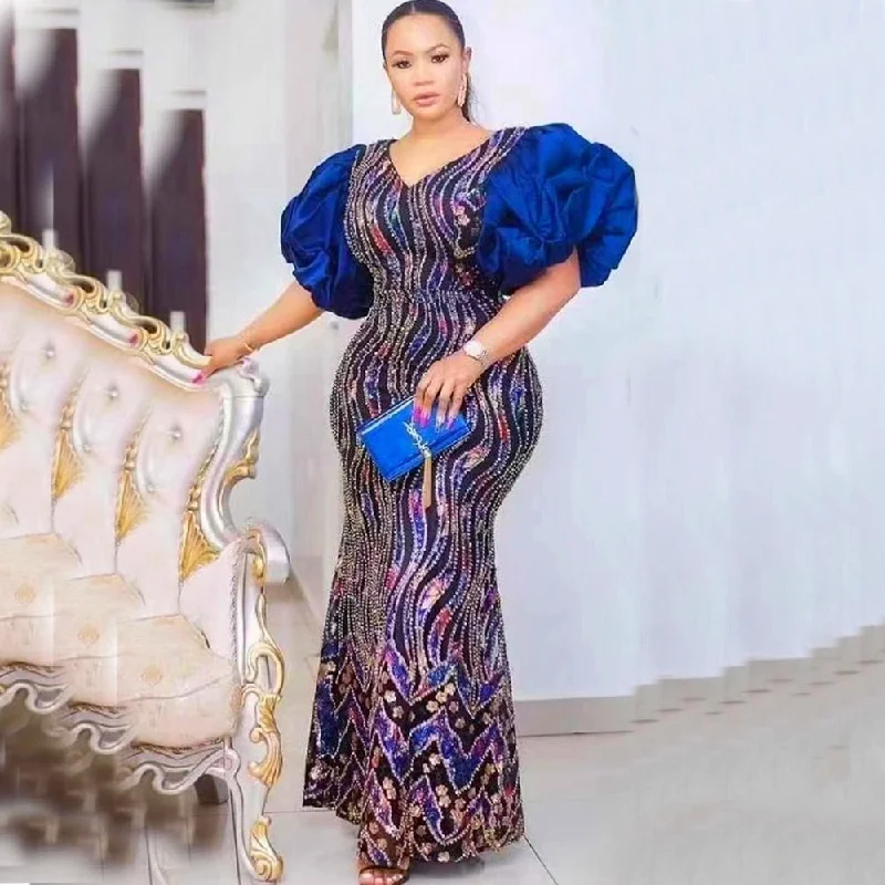 Zjkrl - African Wedding Dresses for Women Puff Sleeve Plus Size Turkey Sequin Evening Party Long Dress Moroccan Muslim Africa Clothes Tunics Recommended stylist