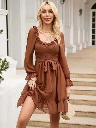 Look Fab in a Tie Front Ruffle Hem Smocked Mini Dress Chic Puff Sleeve Mini Dress