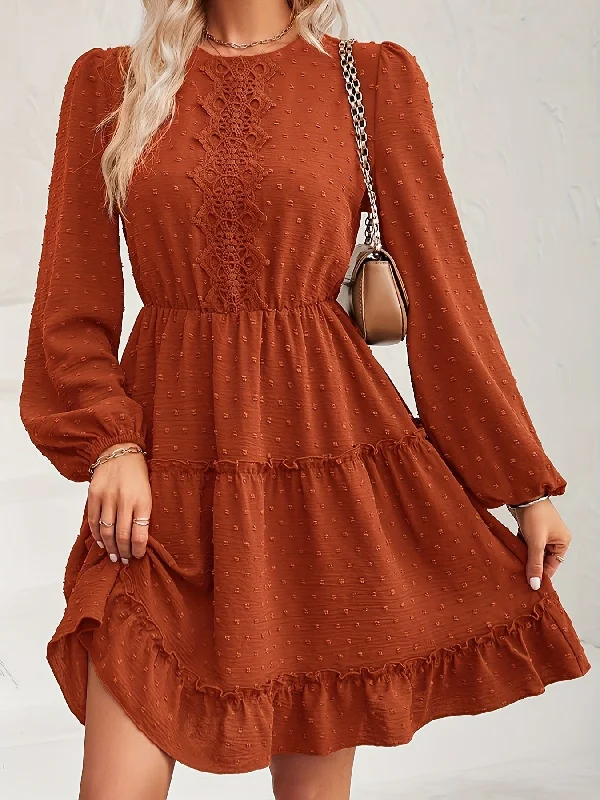 Lace Detail Swiss Dot Round Neck Mini Dress Fashionable Off-Shoulder Mini Dress