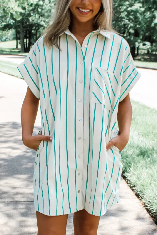 Mint Green Striped Pocket Short Sleeve Mini Dress Stylish Sweetheart Mini Dress