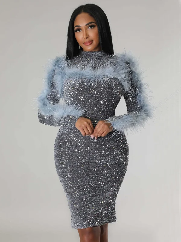 Luxury Evening Dresses for Women Elegant Long Sleeve Backless Sequins Feathers Bodycon Package Hip Night Club Party Dress 2023 Tunics Spring floral