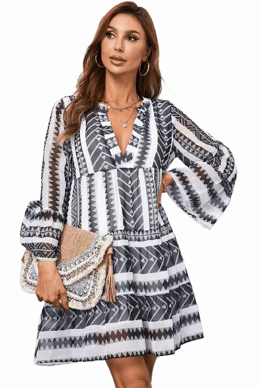 Black Geometric Print Print V Neck Ruffle Swing Mini Dress Chic Pleated Mini Dress