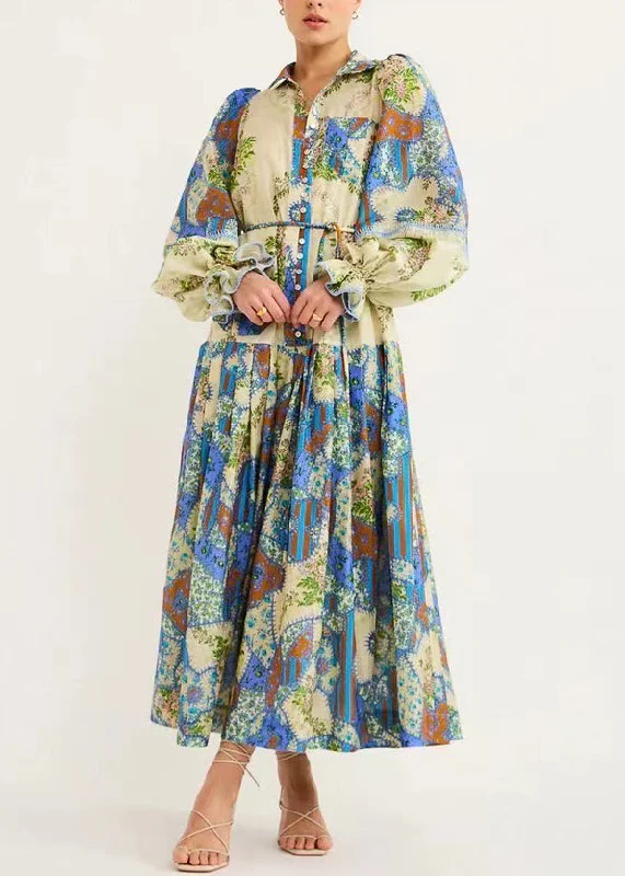 French Blue Print Tie Waist Silk Cotton Shirts Dresses Flare Sleeve FF074 Square Neckline Feminine French Blue Print Tie Waist Silk Cotton Shirts Dresses Flare Sleeve FF074 Square Neckline Feminine