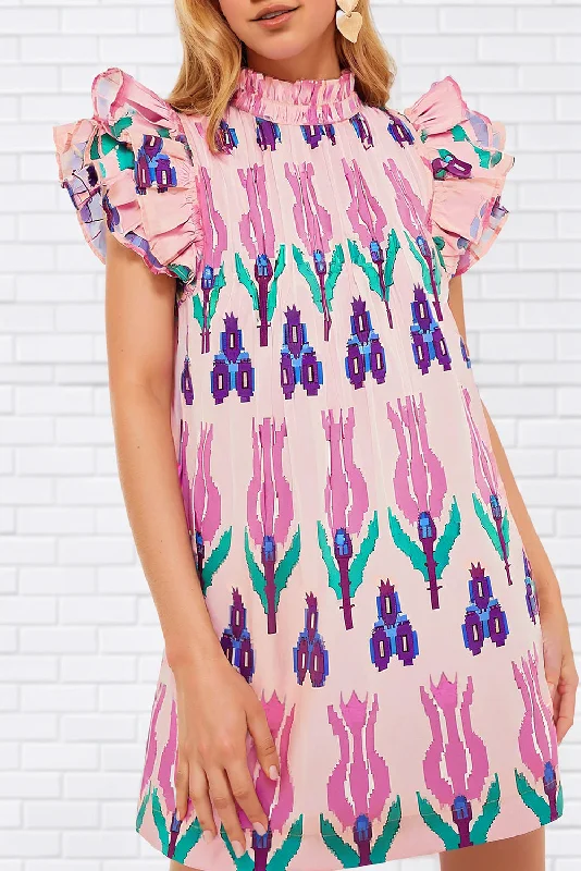 Pink Abstract Print Ruffle Sleeve Frill Neck Mini Dress Cozy Satin Mini Dress