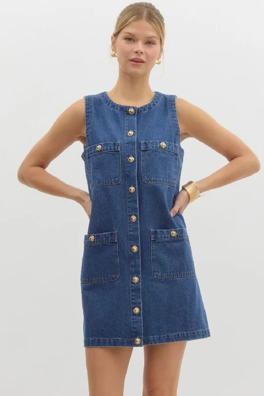 Denim Sleeveless Mini Dress With Gold Buttons Cozy Knit Mini Dress