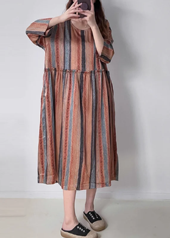 Women Orange Striped Patchwork Silk Cotto Long Dresses Long Sleeve VV073 Tunics Distressed trendy Women Orange Striped Patchwork Silk Cotto Long Dresses Long Sleeve VV073 Tunics Distressed trendy