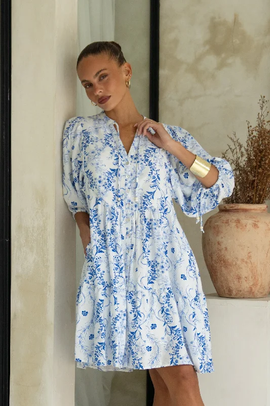 Fiora Blue Floral Button Down Mini Dress Elegant Tulle Mini Dress