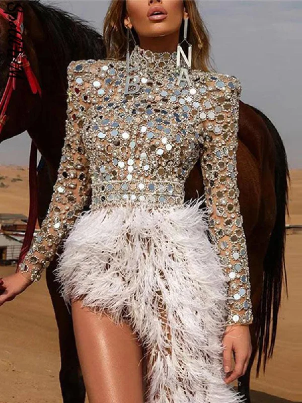 Zjkrl Fashion Sequined See-through Feather Irregular Hem Evening Dress Tunics Cozy comfortable