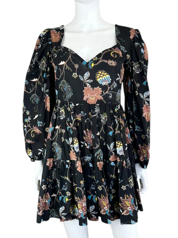 Mille Black Floral Paisley Print Mini Dress Size M Fashionable Mini Dress with Pockets