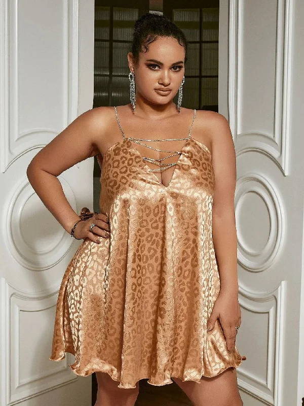 Rhinestone Chain Lace Up Yoke Leopard Satin Cami Mini Dress Chic Tropical Mini Dress
