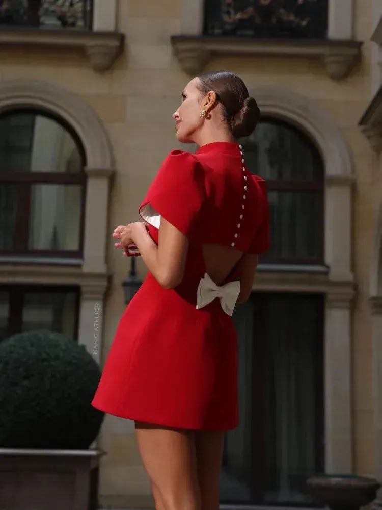 Elegant Red Bowknot Mini Dress Comfortable Zip-Up Mini Dress